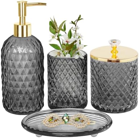 Haturi Glass Bathroom Accessories Set, Smoky Gray Bathroom Set, 4 Pcs by Haturi