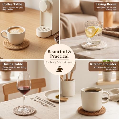 OIAHOMY 8 Pcs Coasters with Holder for Beer, Coffee, Woven Cotton Coaster Set for Table Decor for Kitchen, Bar, Dining Room, Living Room, Housewarming Gifts - Yellow - Image 4