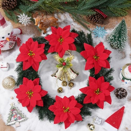 8 Pack Poinsettia Flowers Artificial Christmas Decorations, Red Poinsettia Flowers for Christmas Tree, Velvet Poinsettias Artificial Flowers for Xmas Decor DIY for Home Vase Indoor Outdoor Garden - Image 5