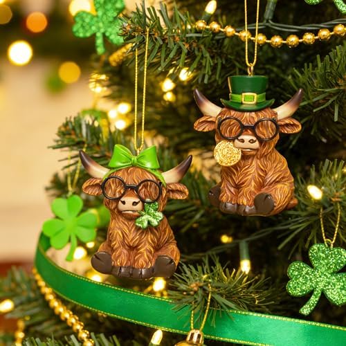 St Patricks Day Highland Cow Figurines Decor, Highland Cow Statue with Leprechaun's Gold Coins and Shamrock, St. Patrick's Day Gifts Resin Hanging Ornaments Statue for Party Home Table Decoration - Image 2