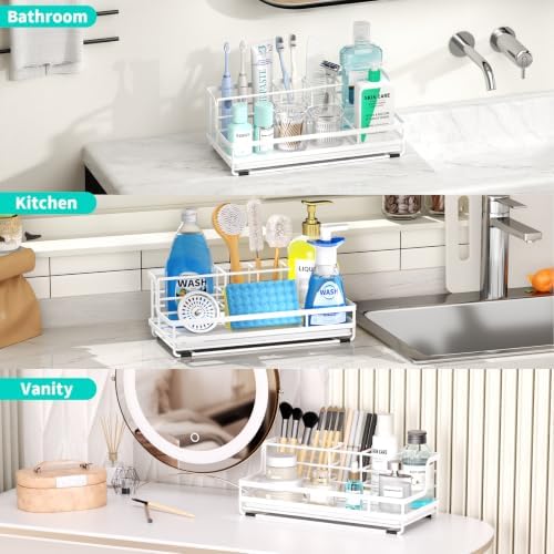 HapiRm Toothbrush Holders for Bathroom - 5 Partitions Bathroom Counter Organizer with Instant Drying Stone, Stainless Steel Countertop Storage Electric Toothbrush Toothpaste Holder - White(Large) - Image 5