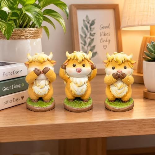 3 Pcs Highland Cow Figurines Resin Statues Cattle Decorations - Hear See Speak No Evil, Accent Farmhouse Tabletop Centerpiece for Christmas Thanksgiving Birthday Gift Home Shelf Mantel Table Decor - Image 5
