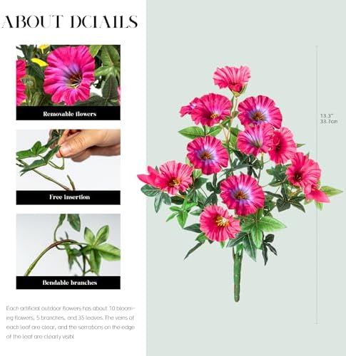 Rose Red Artificial Morning Glory Flowers for Outdoor Planters, Premium UV Resistant Silk Faux Flowers for Porch, Hanging Basket & Window Box, Summer Garden Decor, No Pot, 13.3 Inch, 4 Bundles - Image 2