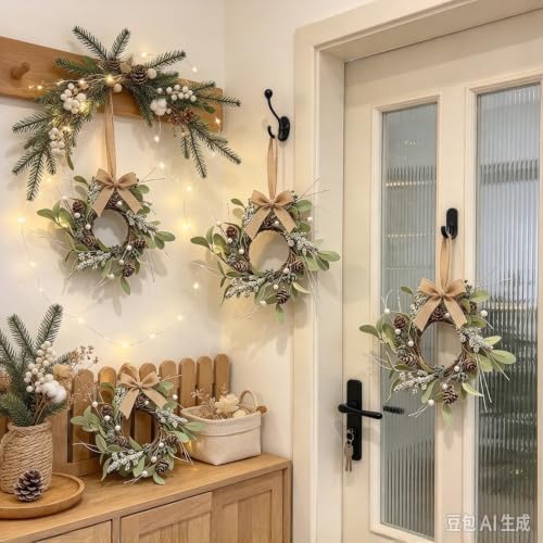 6 Pcs Small 4th of July Hanging Wreaths for Cabinets Patriotic Mini Candle Ring Wreath with Red White Blue Flowers (4, Winter Snow Pinecones) - Image 7