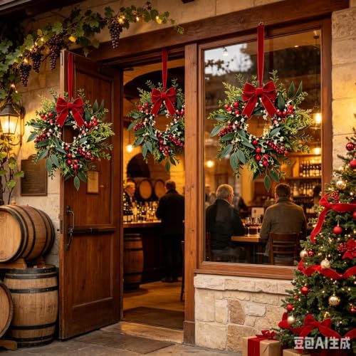 4 Pcs Mini Christmas Wreaths for Cabinets 9" Christmas Kitchen Cabinet with Burgundy Red Berry Eucalyptus Leaves Bow for Indoor Outdoor Farmhouse Home Wall Window Festival Wedding Decor - Image 6