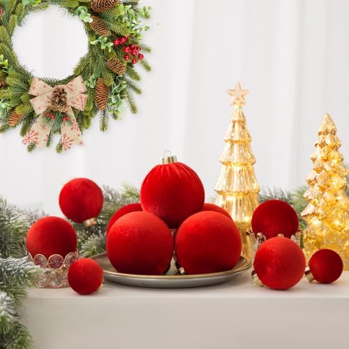 Velvet Christmas Ball Ornaments - 30pcs Flocked Christmas Ornaments Set Shatterproof Classic Hanging Xmas Tree Decorations with Rope for Wreath Holiday Home Decor (Red) - Image 4