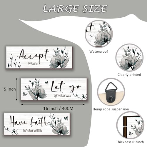 3 Pcs Black And White Bathroom Decor Rustic Flower Black Wall Art Accept Let Go Have Faith Farmhouse Bedroom Wall Decor Wooden Inspirational Quotes Grey Decoration for Living Room(Black,16 x 5 Inches) - Image 2