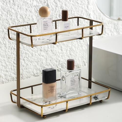 Bathroom Organizer Countertop Perfume Organizer Makeup Organizer Cosmetics Storage Display Rack Vanity Tray Dresser Stainless Steel Gold Shelf White Marble Ceramic Tray by Dobbyby