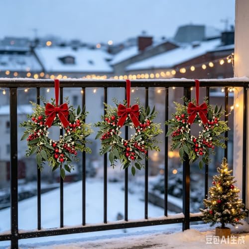 6 Pcs Mini Christmas Wreaths for Cabinets 9" Christmas Kitchen Cabinet with Burgundy Red Berry Eucalyptus Leaves Bow for Indoor Outdoor Farmhouse Home Wall Window Festival Wedding Decor - Image 5