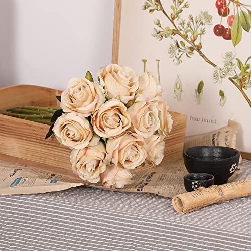 10pcs Champagne Roses Artificial Flowers, Realistic Faux Rose with Stem - Image 2