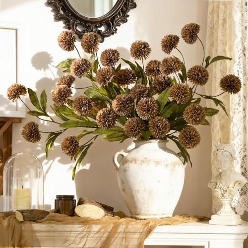 Waipfaru 6 Pcs Artificial Pompon Mums Faux Flowers for Vase, 27" Bulk Long Floral Fake Chrysanth Branches with Stems Vase Filler for DIY Bouquet Centerpieces, Indoor Home Decorations, No vase, Brown - Image 3