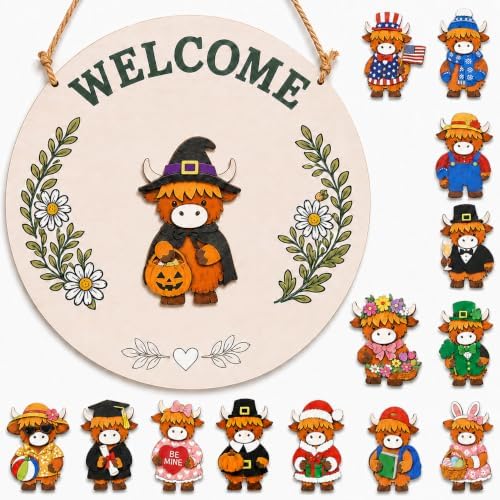 Highland Cow Decor with Seasonal Accents, Interchangeable Welcome Sign for Front Door, 8.8 Inch Welcome Porch Sign, Fall & Halloween Welcome Sign for Home by EmotionalUplifting