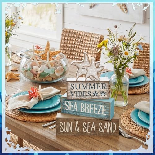 Yuntau 4 Pcs Summer Beach Decorations for Home Beach Tiered Tray Decor Starfish Coastal Rustic Starfish Wooden Block Table Sign Stacked Book Nautical Table Centerpiece for Farmhouse Office Desk Shelf - Image 4