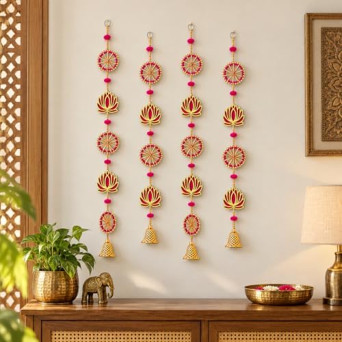 ZIG ZAG Pack of 4 Handmade Lotus Wall and Door Hangings with Bells, 36 Inches Long, 3.5-Inch Lotus Width, Pink and Gold Decorative Hangings for Home, Pooja, Wedding and Festivals - Image 2