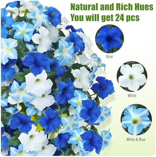 Uieke Artificial Flowers for Outdoors, 24PCS Faux Petunias Outdoor Uv Resistant Silk Flower, Spring Decorations for Home Garden Patio Porch, Blue&White - Image 5