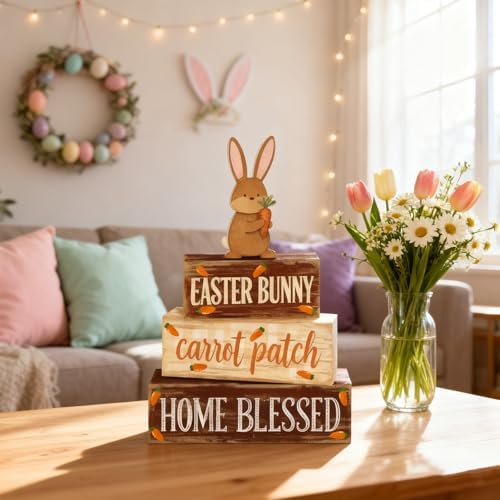 Easter Decorations - Easter Bunny Tiered Tray Decor Set - Wooden Carrot Patch Tabletop Decoration - Rustic Farmhouse Spring Home Decor Indoor for Tiered Tray Shelf Mantel Coffee Table Gift - Spring Home Decor for Living Room, Kitchen Counter - Image 4