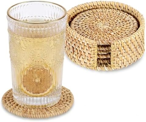Drink Coasters Set of 6-Handwoven Rattan Coaster with Holder,Natural Rattan by Unknown