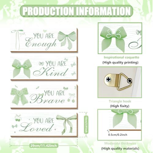 4 Pcs Green Bow Wall Decor, Light Green Coquete Room Decor for Teen Girls, Inspirational Positive Affirmations Wall Wooden Hanging Sign Bathroom Art - Image 2