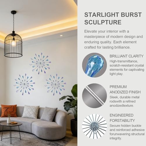 ZEXUIRU 3 Set Silver Starburst Wall Art for Home Decor Metal Bling Crystal Rhinestones Sunburst Wall Decor Sparkling Rhinestone Art Accent Silver - 13in - Image 4