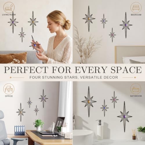 sxnzequnze 4 Pcs Star Wall Art for Home Decor Living Room Bedroom Office Metal 3D,Bling,with Hanging Hook Starburst Midcentury Sculpture Retro Gallery Accent Celestial -Black 16.5in/9.4in - Image 5