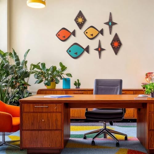 Youyole 7 Pcs Mid Century Modern Wall Art Abstract Fish Wall Decor Retro Atomic Stars Fish Starbursts Vintage Minimalist Mcm Hanging Sculpture 1950s Decor for Living Room Office Beach Home Accents - Image 6