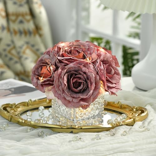 Silk Roses in Glass Vase with LED, Low Centerpiece for Table, Plum Purple - Image 4
