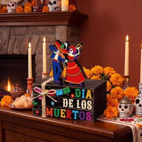 Geelin 4 Pcs Dia De Los Muertos Table Decoration Wooden Book Stack Signs - Image 4