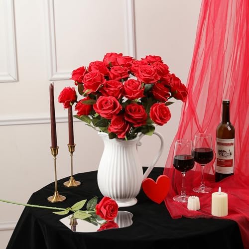 10pcs Red Roses Artificial Flowers, Realistic Faux Rose with Long Stem - Image 3
