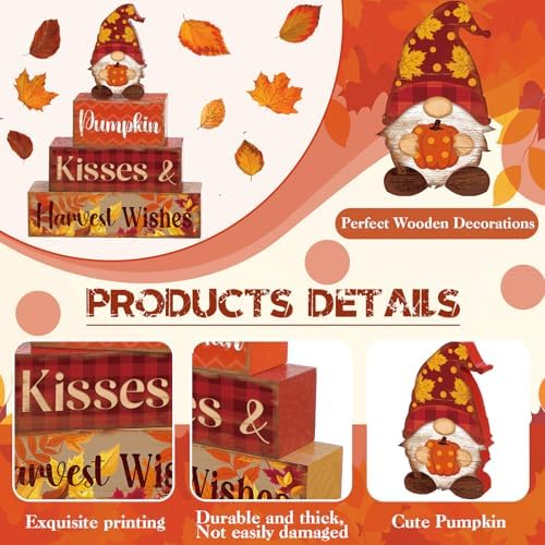 4 Pcs Fall Decor for Home Gnomes Pumpkin Wooden Signs with Harvest Wishes - Image 3