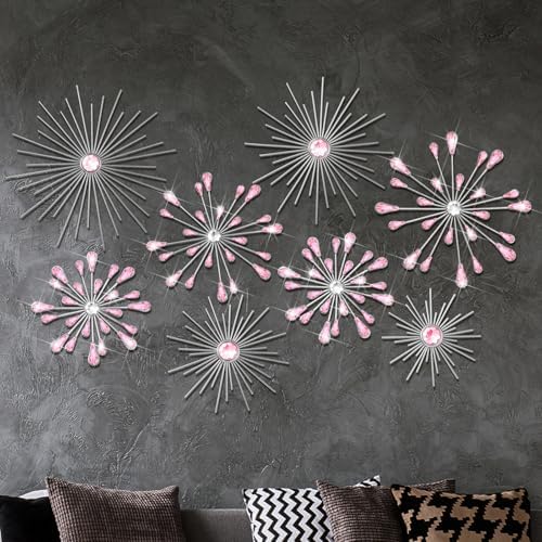 Blulu 8 Pcs Pink Metal Wall Art Cast Iron Starburst Wall Decor Bling Crystal Sculptures Living Room 3D Teardrop Radial Rhinestone Hanging Diamond Accents for Home Office Bedroom Entryway - Image 3