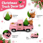 Pink Christmas Truck Decor with Gingerbread Man, Mini Vintage Pickup with Tree and Peppermint Candy, Farmhouse Tabletop Decoration for Tiered Tray, Mantel, Shelf and Coffee Bar, 1 Set - Image 4