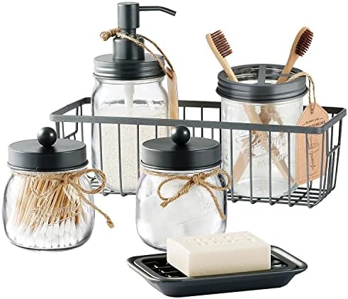 SheeChung Mason Jar Bathroom Accessories Set, 6Pcs Rustic Bathroom Set,Grey by SheeChung