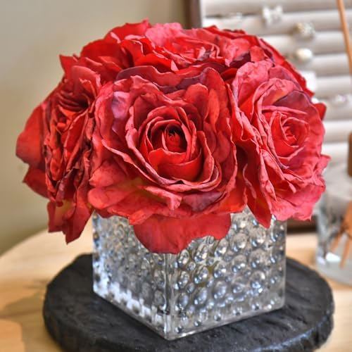Silk Roses in Glass Vase with LED, Low Centerpiece for Table, Red by YSZL