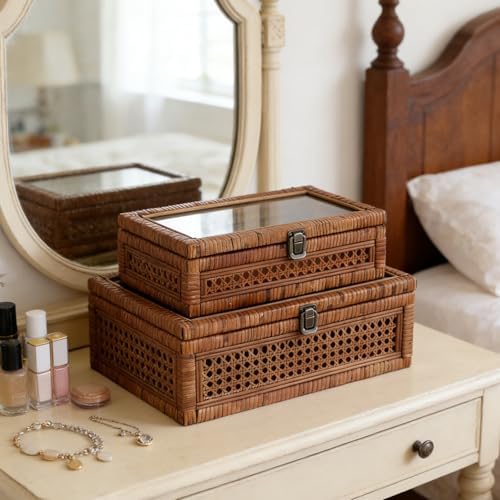 DECOR4SEASON Set of 2 Rattan and Cane Stacking Boxes,Brown,12"&14" - Image 5