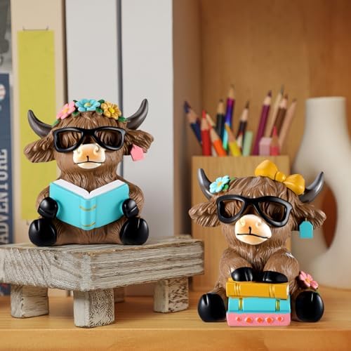 Wesiti 2 Highland Cow Figurines with Glasses Books, Resin Reading Desk - Image 5