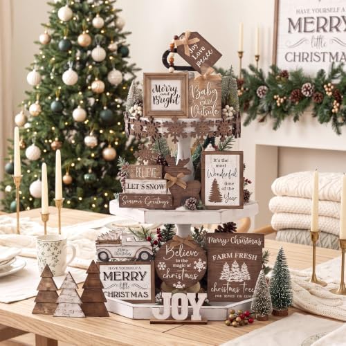 Mifoci 15 Pcs Christmas Neutral Christmas Tiered Tray Decor Rustic Wood - Image 6