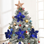 10 PCS Glitter Poinsettias, 8.7" Artificial Christmas Flowers, Royal Blue - Image 3