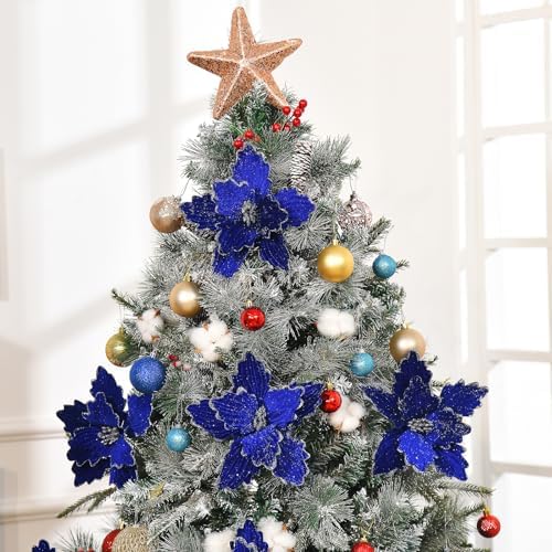 10 PCS Glitter Poinsettias, 8.7" Artificial Christmas Flowers, Royal Blue - Image 3
