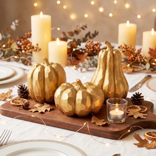 Gold Pumpkin Decor, 3Pcs Resin Pumpkin Figurines Fall Decoration for Home - Image 3