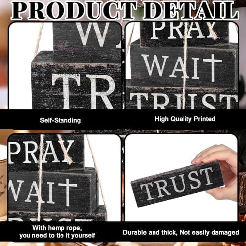 CroBlissful 4 Pcs Farmhouse Wooden Table Decor Christian Tiered Tray Decorations Rustic Religious Gift Block Sign Pray Wait Trust Table Centerpiece for Home Kitchen Living Room Shelf Mantle - Image 5