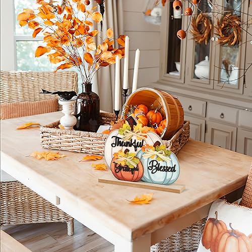 3 Pcs Fall Pumpkin Decor Wooden Table Sign Thankful Blessed Grateful Tabletop for Autumn Farmhouse Vintage Thanksgiving Harvest Party Rustic Home Room Table Shelf Halloween Decorations - Image 5