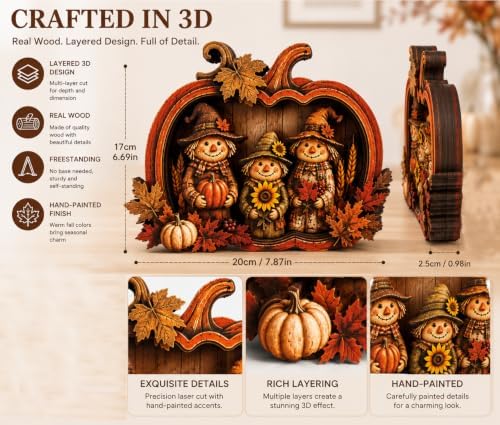 Vintage Wooden Scarecrow Pumpkin Fall Decor, 3D Fall Decorations for Home, Rustic Autumn Harvest Decor with Maple Leaves & Sunflowers, Thanksgiving Tabletop Decor for Shelf, Mantel, Farmhouse - Image 4
