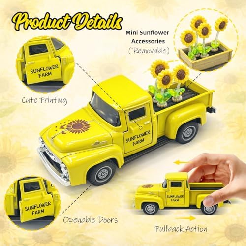 Sunflower Farm Truck Decor, 5.7 Inch Vintage Metal Pickup Tabletop Decor - Image 5