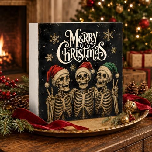 Christmas Decorations Gothic Funny Skeleton Santa Wooden Box Sign - Image 3