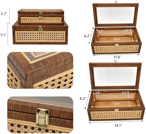 Set of 2 Stackable Rattan and Cane Display Boxes with Glass Lid,Brown - Image 4