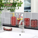 Red Bathroom Accessories Set, Glass Soap Dispenser Set with Rust Proof Stainless Steel Pump, Soap Holder, Toothbrush Holder, Tumbler, Cotton Swab Jars, Wine Red Bathroom Set Bathroom Decor Sets Gift - Image 5
