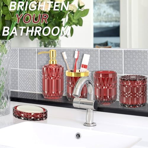 Red Bathroom Accessories Set, Glass Soap Dispenser Set with Rust Proof Stainless Steel Pump, Soap Holder, Toothbrush Holder, Tumbler, Cotton Swab Jars, Wine Red Bathroom Set Bathroom Decor Sets Gift - Image 5