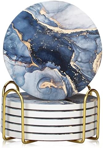 Coasters Set of 6, Navy Blue Marble Abstract Ceramic Coasters with Holder by Dksyee