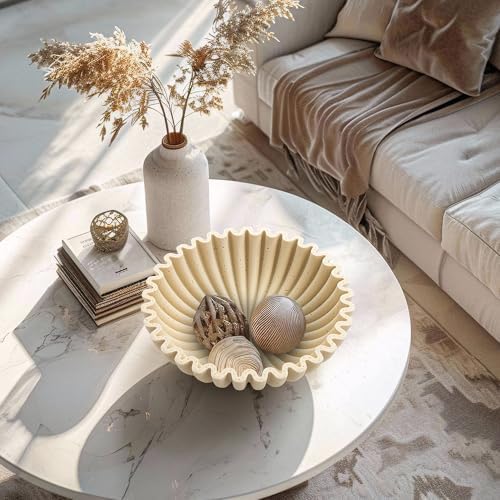 YMXYJM Large Decorative Bowl, Modern Handicraft Bowls for Home Decor, Decorative Fruit Bowl for Kitchen Counter, Ruffle Decor, Stylish Key Bowl for Entry Table, Artificial Travertine Beige - Image 3