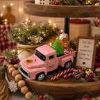 Pink Christmas Truck Decor with Gingerbread Man, Mini Vintage Pickup with Tree and Peppermint Candy, Farmhouse Tabletop Decoration for Tiered Tray, Mantel, Shelf and Coffee Bar, 1 Set - Image 2